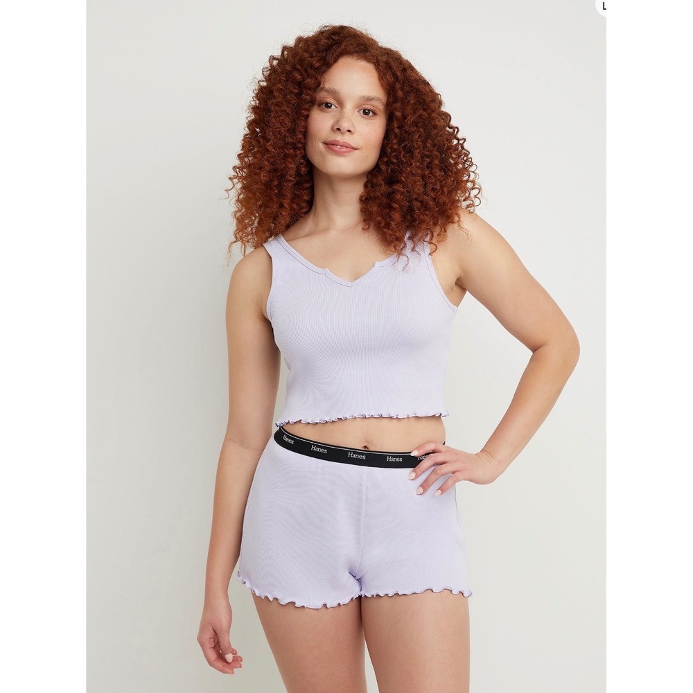 Hanes Cotton Pajama Set Coquette Girl L Lavender Ribbed Tank Shorts Lettuce Edge